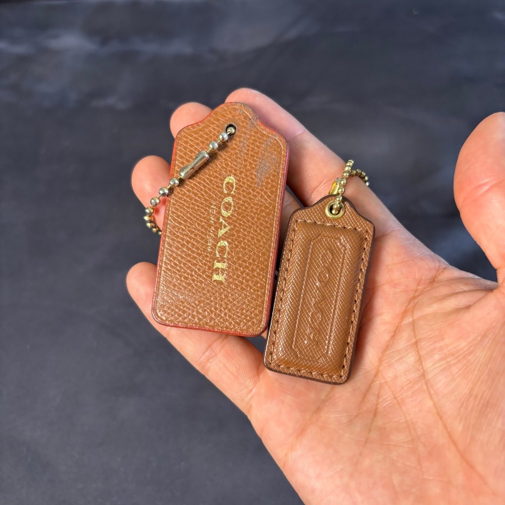 Coach Brown Leather Hangtag Set 2 Replacement Charms Gold Logo Ball Chain